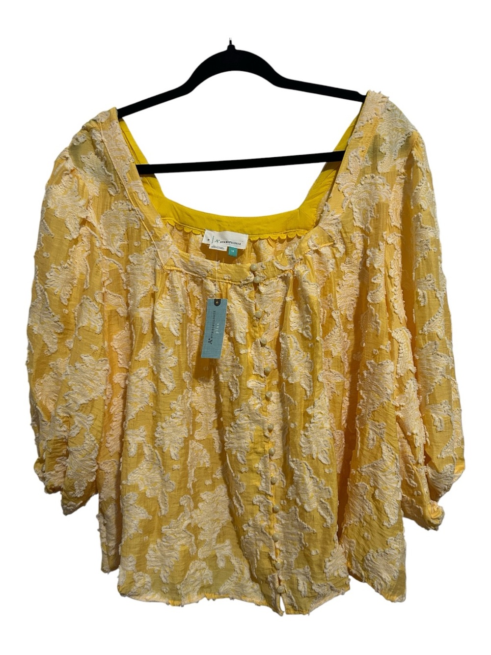 Anthropologie Yellow Floral Jacquard Puff-Sleeve Blouse
